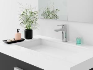 Modelado 3D de grifo y lavabo en ambiente, render de calidad fotorrealista para catalogo,